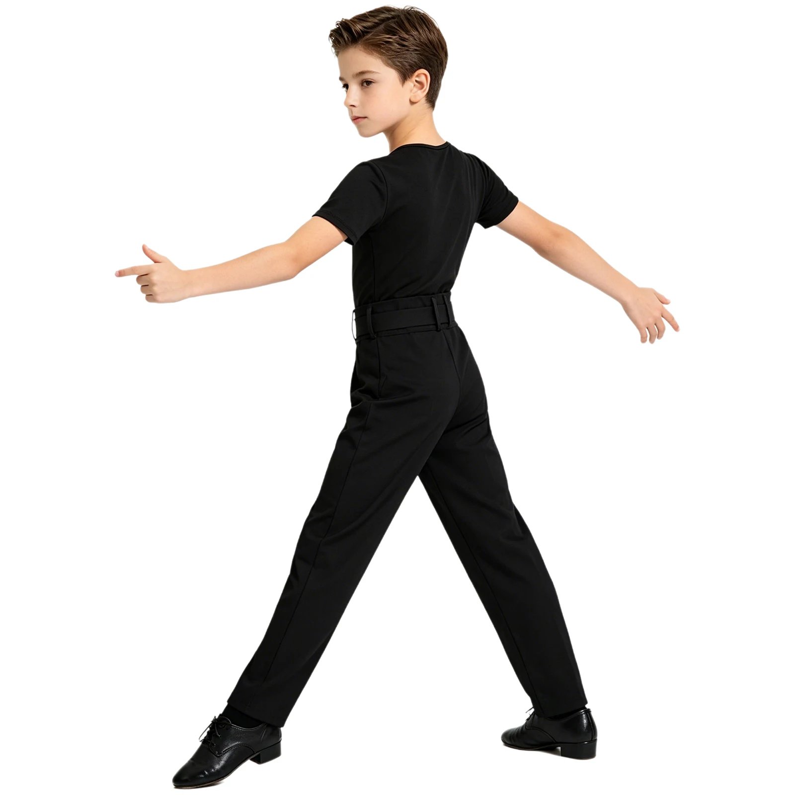 Kids Boys Lyrical Latin Dance Performance V-neck Short Sleeve T-shirt Top with Pants Rhythmic Jazz Dance Stage Practice Bodysuit