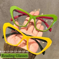 New Style Cat Eye Color Blocked Reading Glasses Fashion Anti Blue Light Far Sighted Eyewear Large Frame Prescription Eyeglasses
