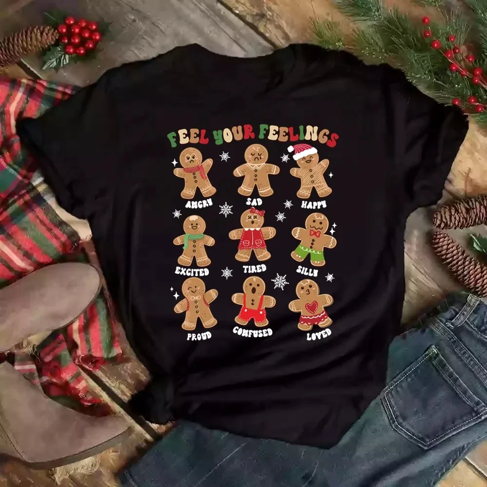 Gingerbread Man Christmas Cartoon Letter Print T-shirt cute sweet Casual Short Sleeve Crew Neck Summer Top Women's Clothing