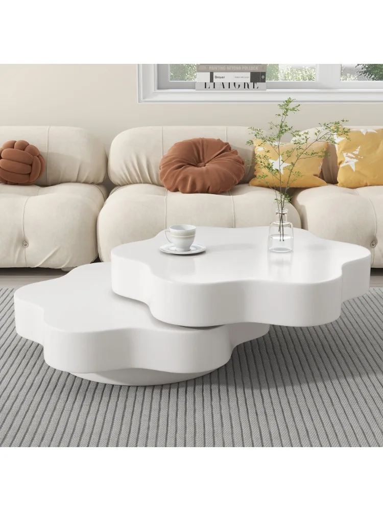 Ye Flower-shaped coffee table, 360° rotating tabletop, Rotating end table,2 shelves, load capacity 30kg, 74.8*67.5*31cm, MDF