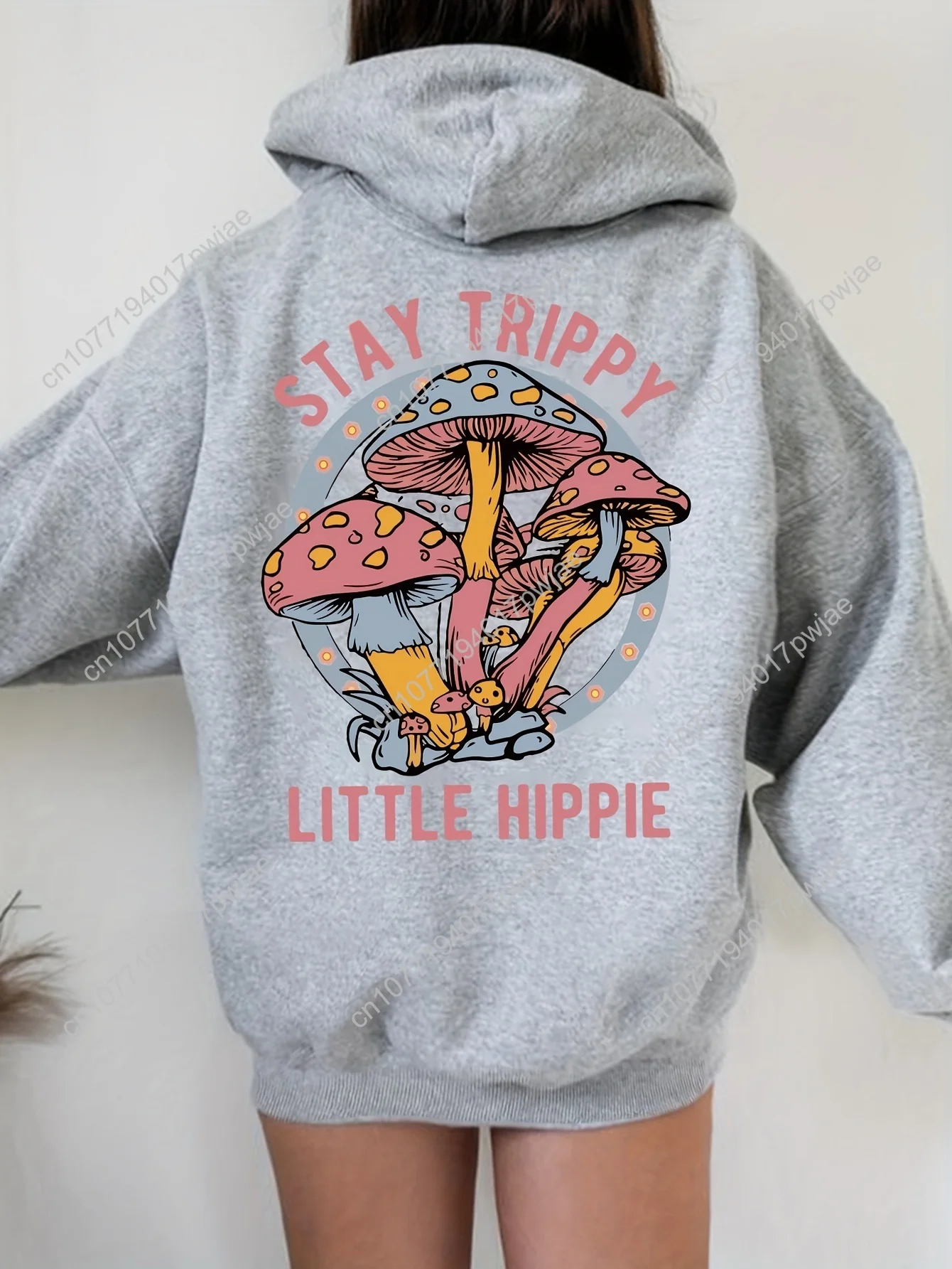 Moletom com capuz de poliéster com estampa de cogumelo aconchegante – capuz feminino casual com cordão, lavável à máquina