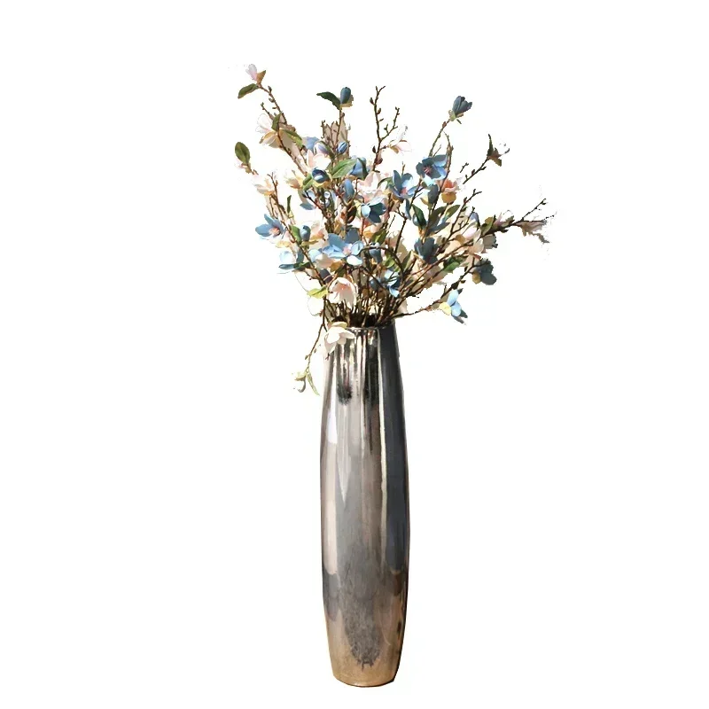 &Large Floor Plant Pot Ceramic Dried Flowers Silver Tall Nordic Vase Bonsai Flowerpot Decorative Objects for Home