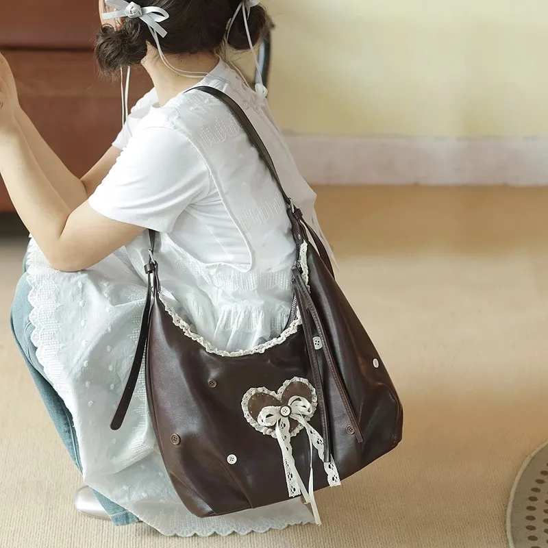 Retro Harajuku Style Brown Lace Button Tote Bag Women Romantic Heart Bow Handbag Ladies Leather Large Capacity Crossbody Bag New