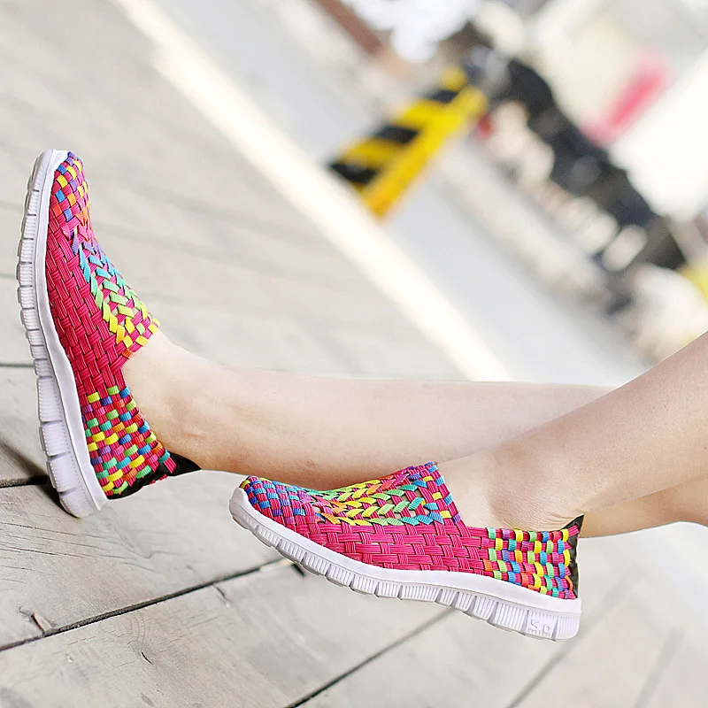 Women Shoes Summer Flats Female Loafers Woman Casual Flat Woven Shoe Mesh Breathable Sneakers Slip on Colorful Plus Size 42