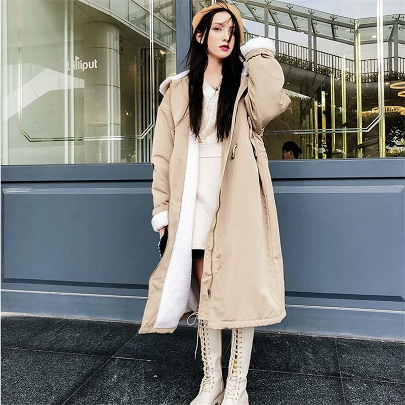 Winter Women\'s Lamb Wool Coat Hooded Long Loose Female Outwear Casual Plush Thick Warm Fashion Parkas Coat