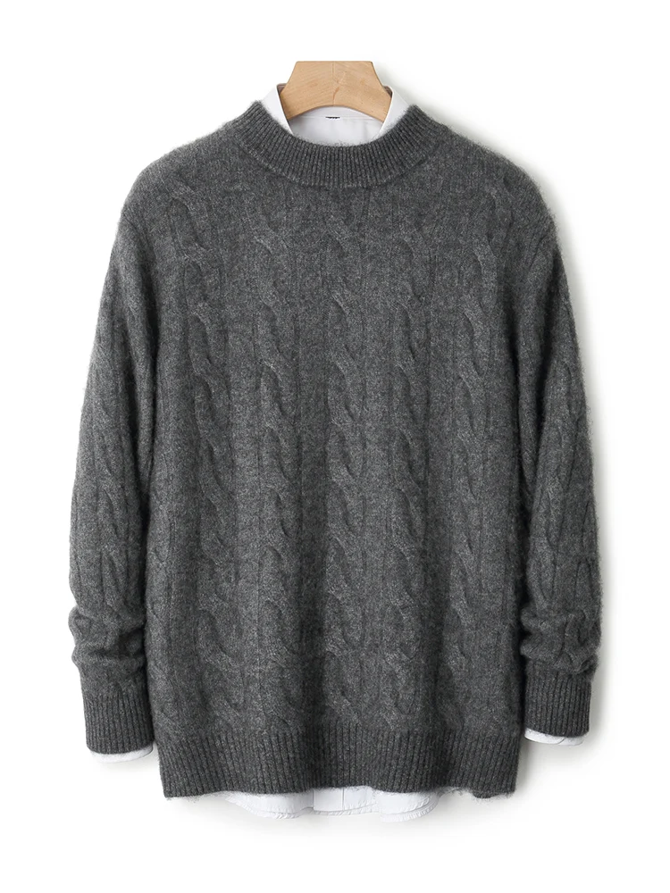 Chic O-Neck Twist Flower White Sweater 100% Merino Wool Knitted Tops Autumn Winter Preppy Simple Style Men's Pullover Thick Tops