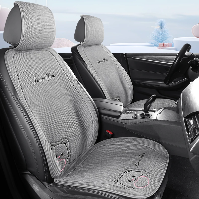 وسادة مقعد سيارة جميلة على شكل دب للمقعد الأمامي مصنوعة من قماش الكتان الناعم والمسامي لجميع المواسم تناسب معظم السيارات #3