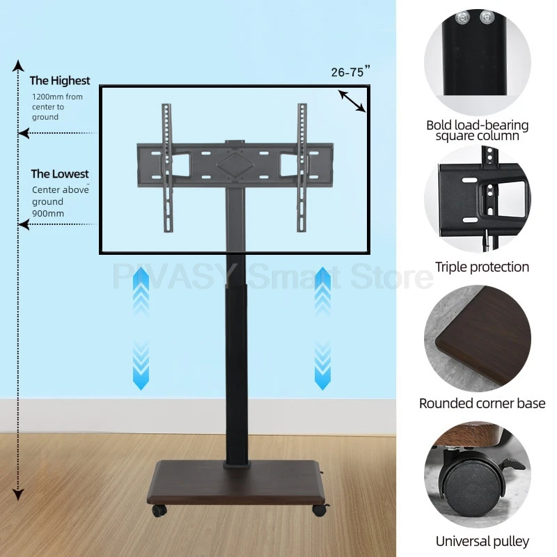 ل 26-75 بوصة تلفزيون حامل الهاتف المحمول ارتفاع قابل للتعديل مؤتمر البث المباشر الطابق عرض المحرك رف التلفزيون الصلب المدرفلة على البارد