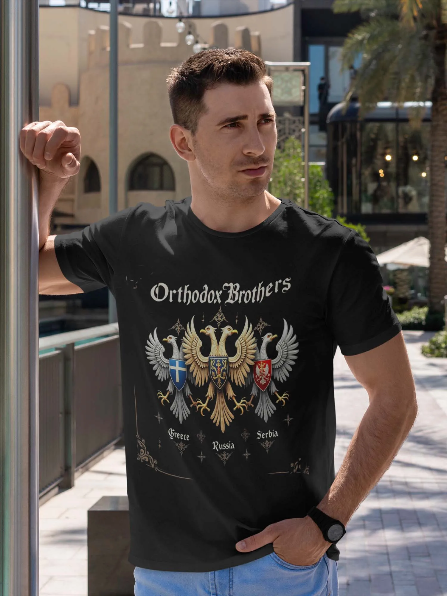 Orthodox Brothers Greece Russia Serbia Vintage Graphic Patriarchal Cross Design-100% cotton O-neck printed men's T-shirt.