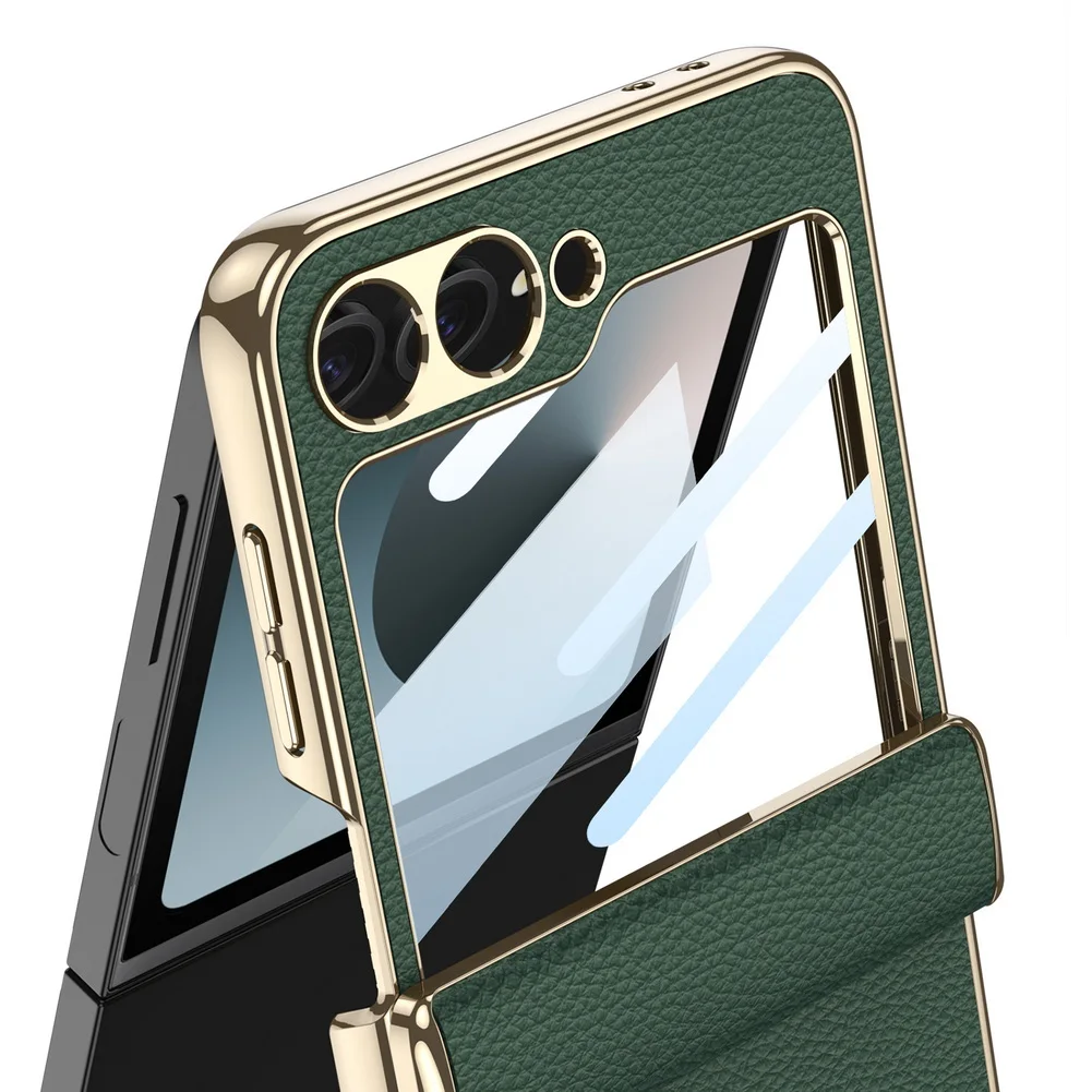 Etui z prostym skórzanym wykończeniem, ramką i uchwytem do Samsunga Z Galaxy Flip 7 FE 6 5 5G z szklaną folią ochronną. — zdjęcie produktu 2