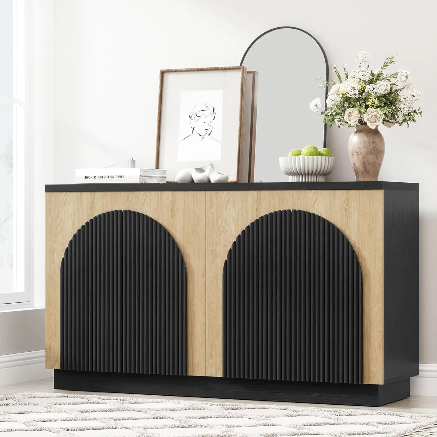 

Stress Groove Edge Plate Buffet Cabinet, with Arched Design Door, Medieval Modern Storage Cabinet with Adjustable Function