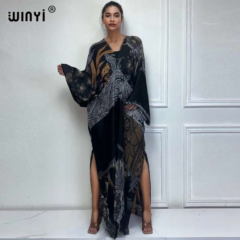 

WINYI Beach Sexy V-neck Dress High Quality Boho Print Elegant Africa dress Women Evening party kaftan Retro bronzing maxi dress