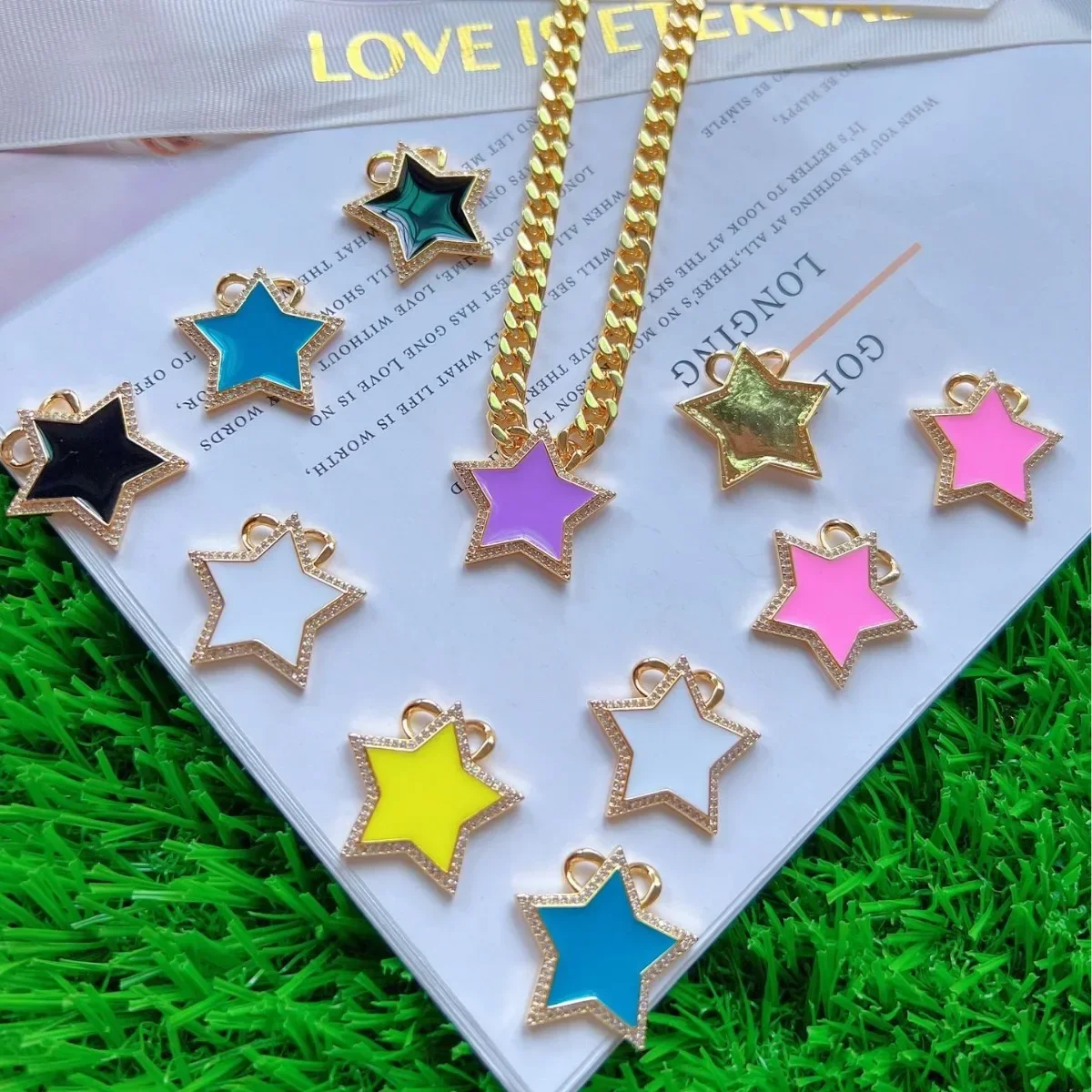 2 Holes Star Enamel Pendant for Diy Bracelet Necklace Copper Plated Micro Inlay Zircon Color Jewelry Accessories 1 Pcs Wholesale