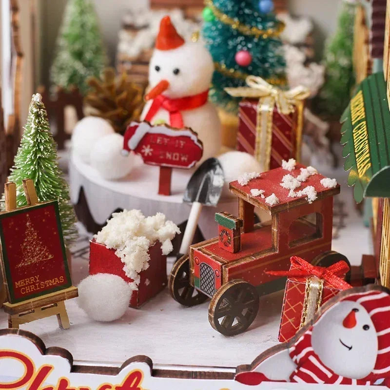 DIY decoraciones navideñas de madera, rincón de libros, estante, Kits de inserción, casa de muñecas en miniatura con muebles, juguetes de Navidad,