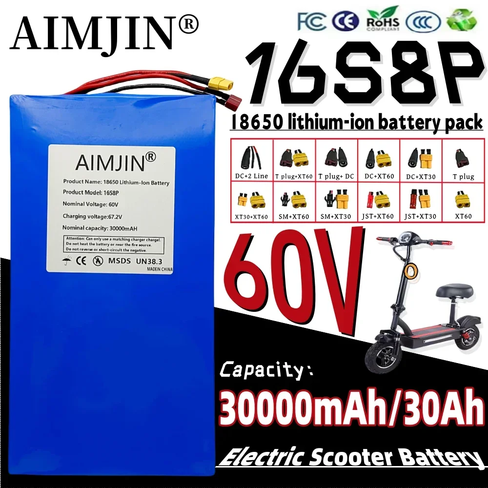 

16S8P High-power 60V Li-ion Battery Pack 30000mAh Rechargeable Battery High-capacity 30Ah With BMS Suitable For Electric Scooter