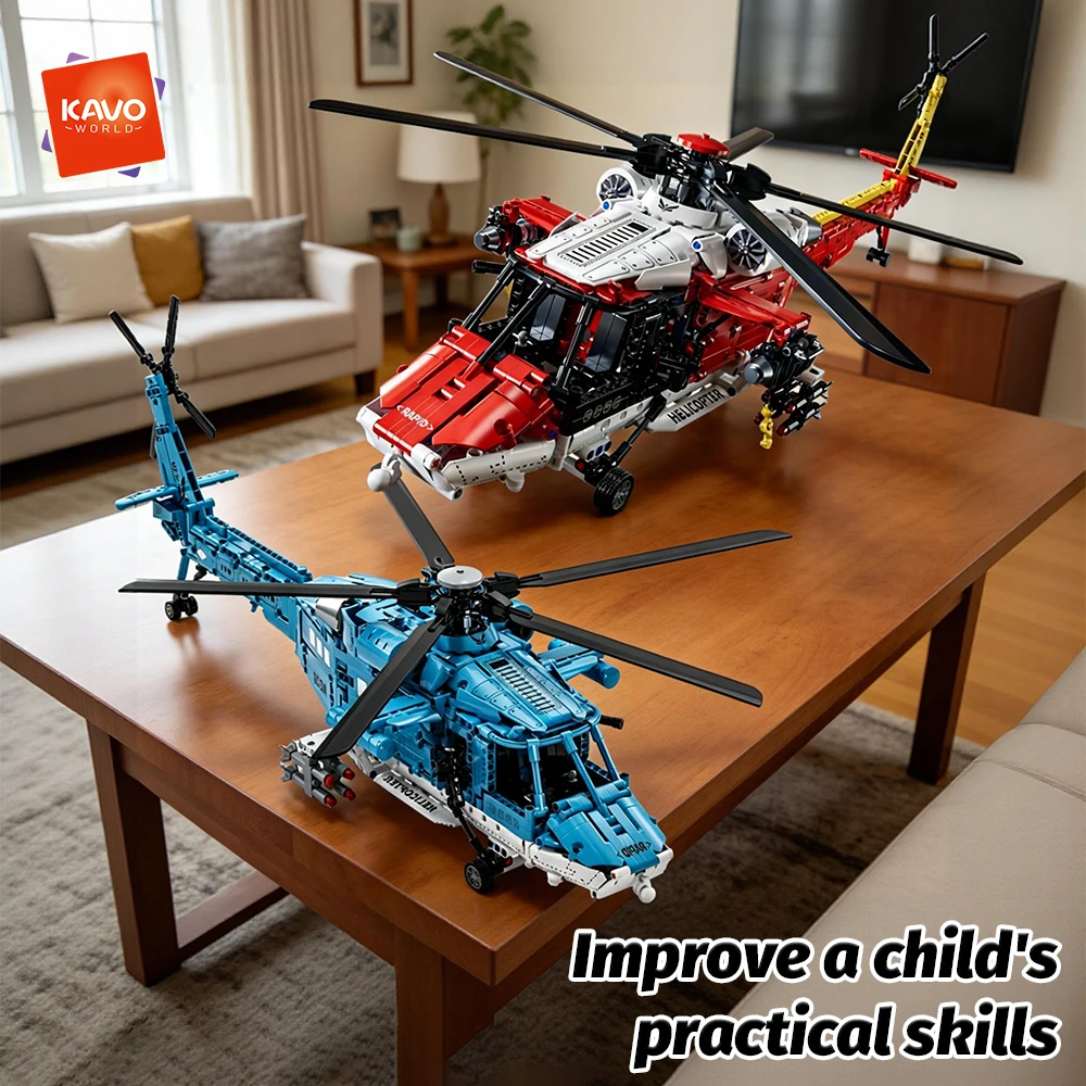 

KAVOWORLD 1528PCS/1521PCS Red and Blue Rescue Adventure Helicopter Bricks Model STEM Educational Bricks Creative Holiday Gifts