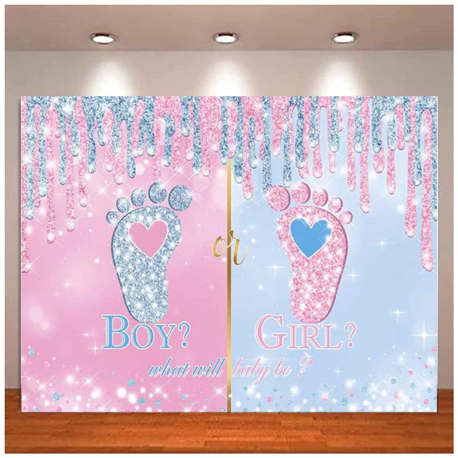 

Little Feet Gender Reveal Photography Backdrop Boy Or Girl Party Background Pink Or Blue Baby Footprint Decoration Banner Poster