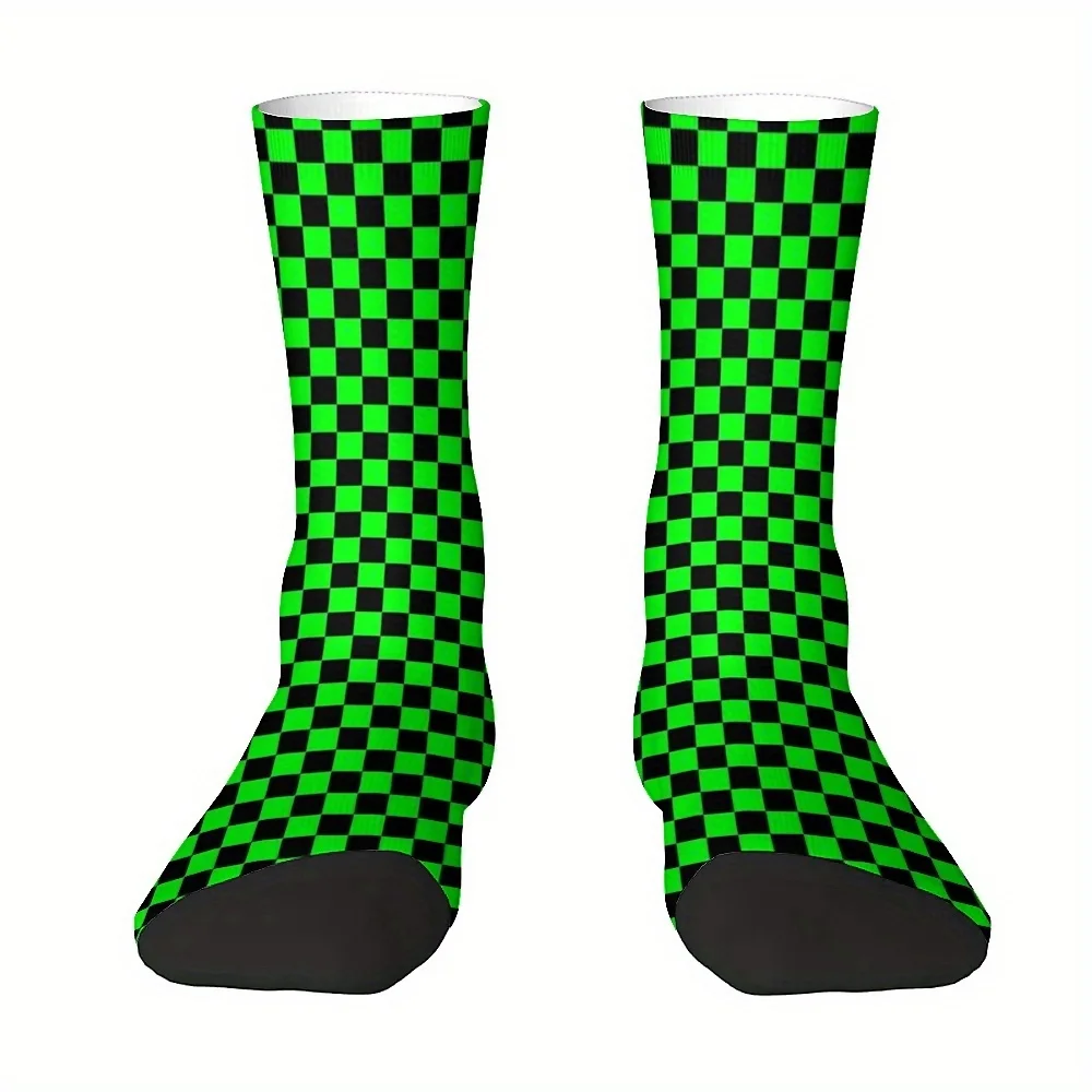 1 Pair Unisex Crew Socks, Harajuku Seamless Print, Fun Novelty Checkered Pattern, Polyester 95% Spandex 5%, Hand Wash