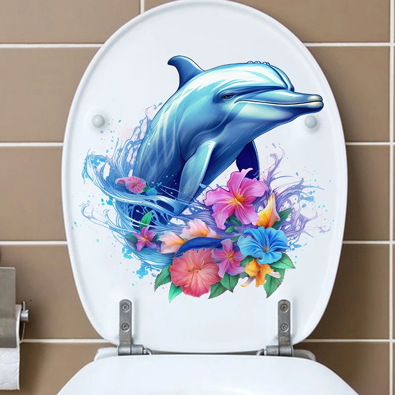 [E] Creative Flower Dolphins Toilet Stickers Self-adhesive Removable PVC Mural Wall Decals Refrigerator Bathroom Decoration