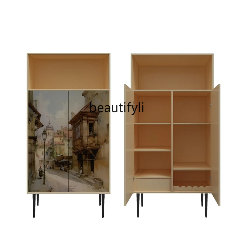 

French Abstract Solid Wood Sideboard Wall-Mounted Living Room Storage Side Cabinet Home Modern Minimalist