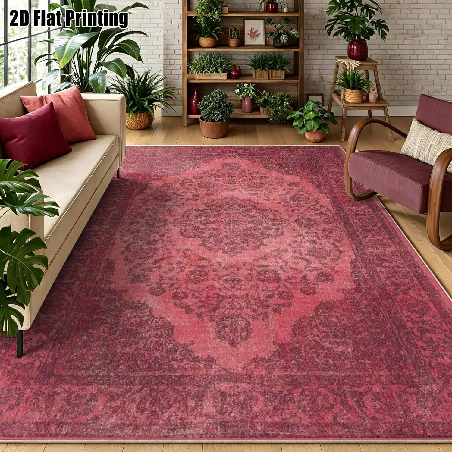 1Pc 2D Printed Retro Red-Brown Floral Velvet Carpet, European/Bohemian/Geometric Style, Machine Washable, Multi-Size Home Decor Rug for Entrance, Dining, Foyer, Bedroom, Living Room