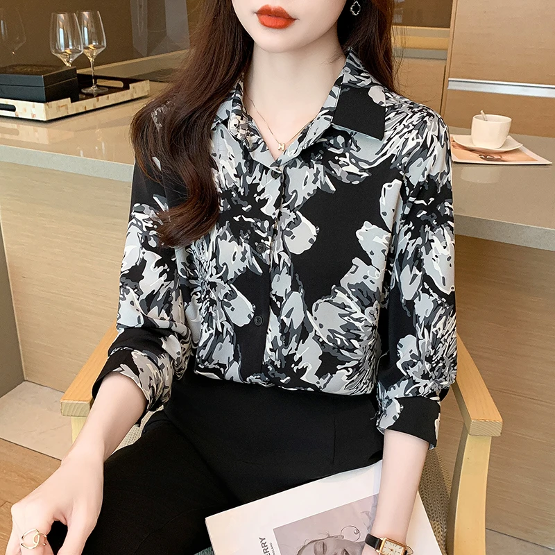 Women Spring Fashion Temperament Loose Printing Polo-Neck Long Sleeve Shirts Women Clothes Casual All-match Appear Thin Tops