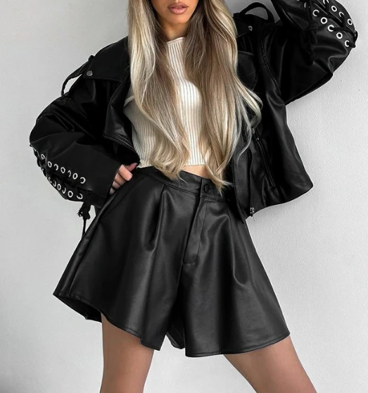 Black Pu Leather High-End Shorts with High Waisted Button Closure and A-Line Fashion Personality Cool and Stylish Leather Pants