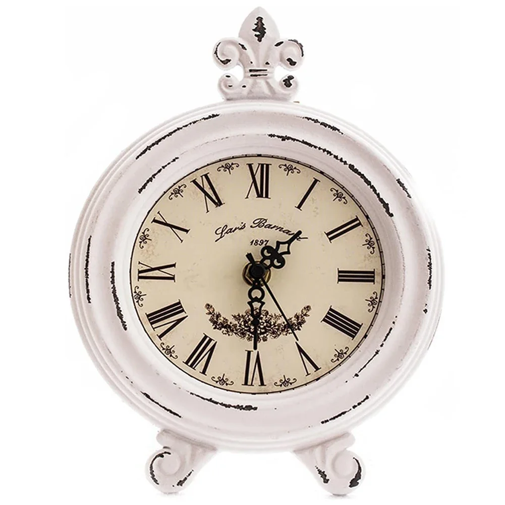 Vintage Table Clock Wood Small White Desk Clock Silent No Ticking Battery Operated Rustic Farmhouse Decor Retro Clock