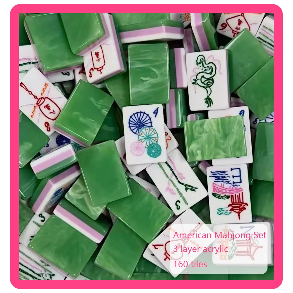 Green Custom Engraved Mahjong Tiles 3-Layer Acrylic Luxury American Mahjong Set Home Board Games Portable MahJong Sets
