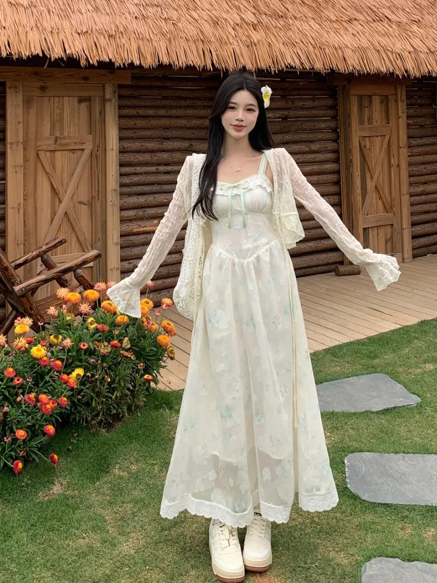 

Новое летнее женское платье больших размеров с нежным цветочным кружевом, поясом, приталенное, А-силуэт, в корейском стиле, с длинным рукавом, высокое качество