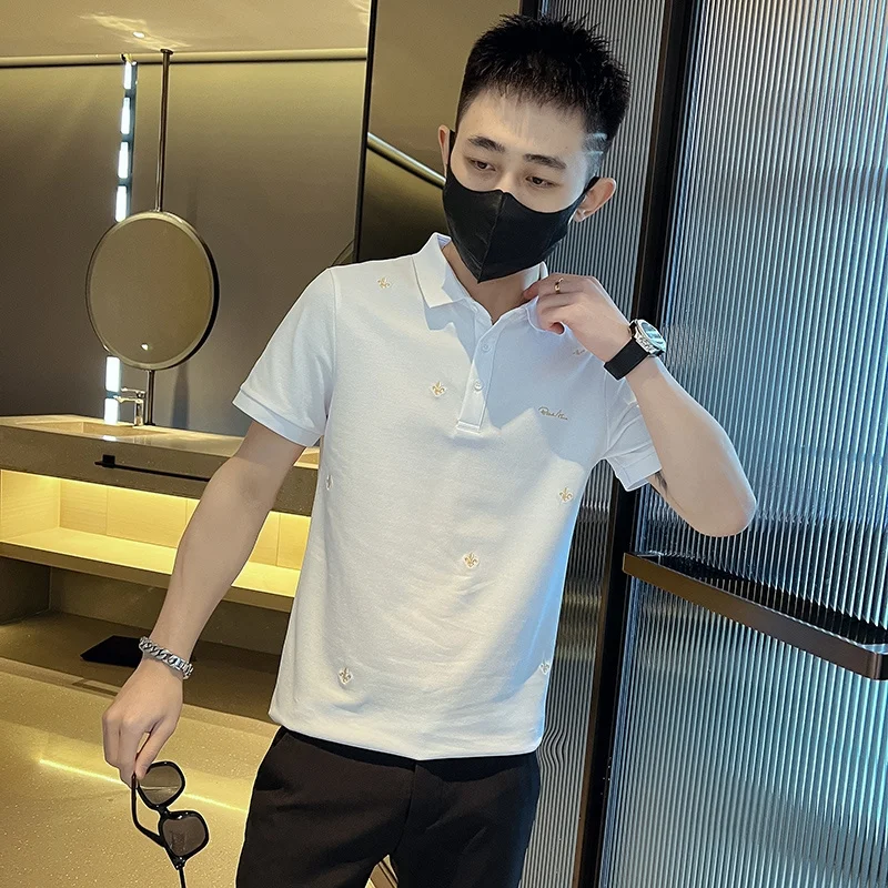 

New Summer Polo T-Shirt for Men Korean Fashion Trend Embroidered Slim Fit Short Sleeve with Collar Stylish