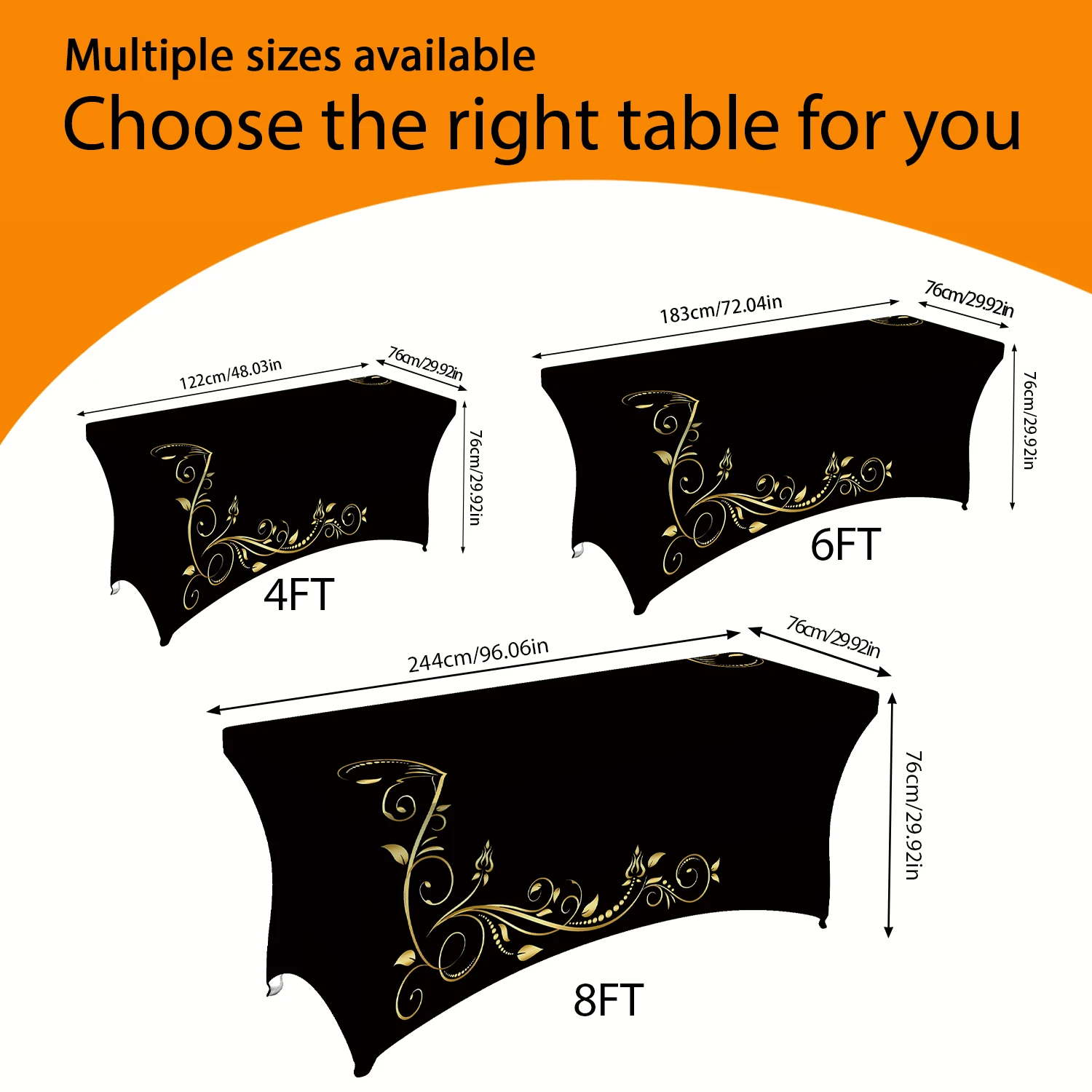 1PC Summer Outdoor Elastic Tablecloth, Luxurious Black with Golden Floral Vine Digital Print, 4/6/8FT Rectangu
