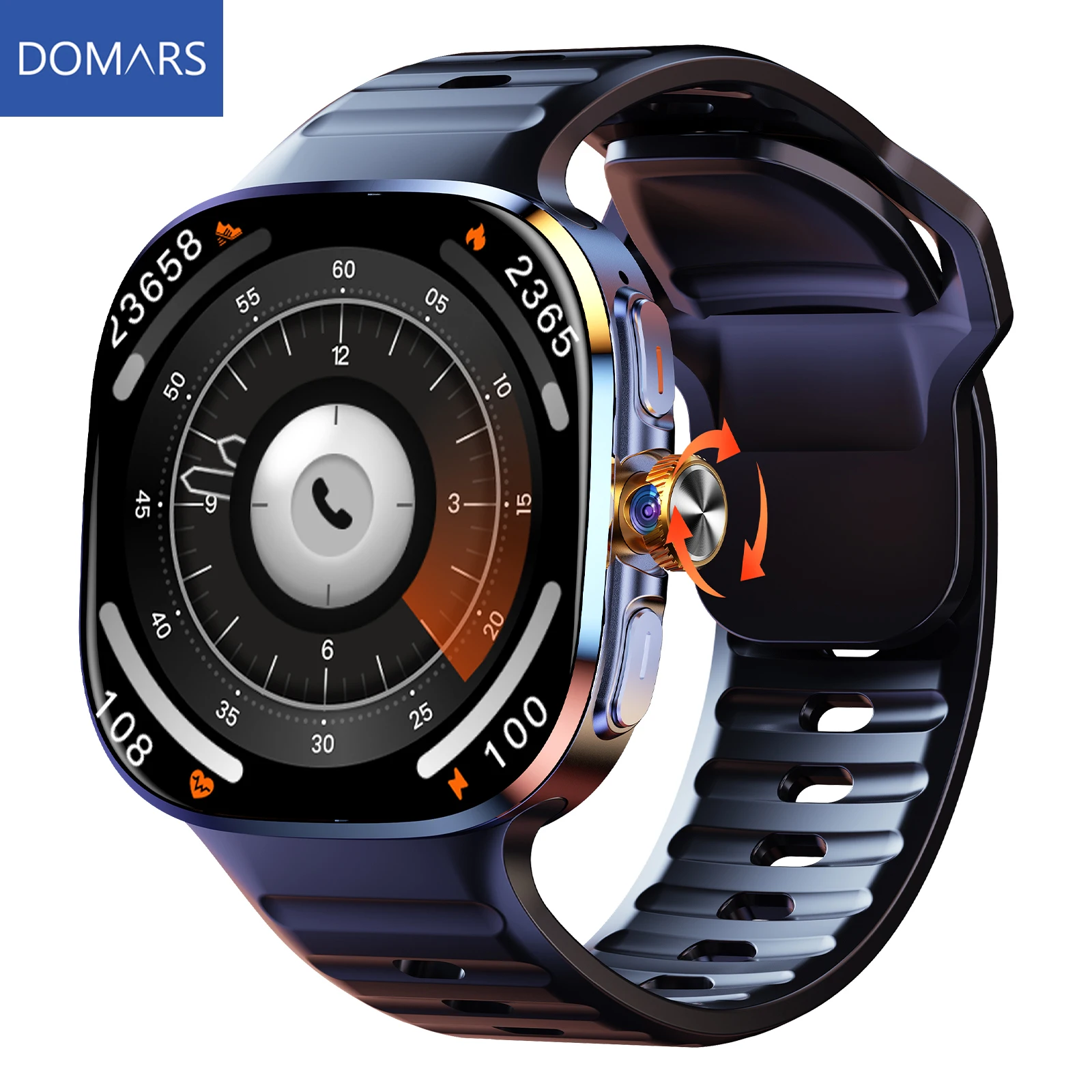 Domars Unisex Smartwatch With 2.4inch Amoled Screen 900W Rotating Camera WIFI GPS Position Compass NFC Bluetooth Smart Watch
