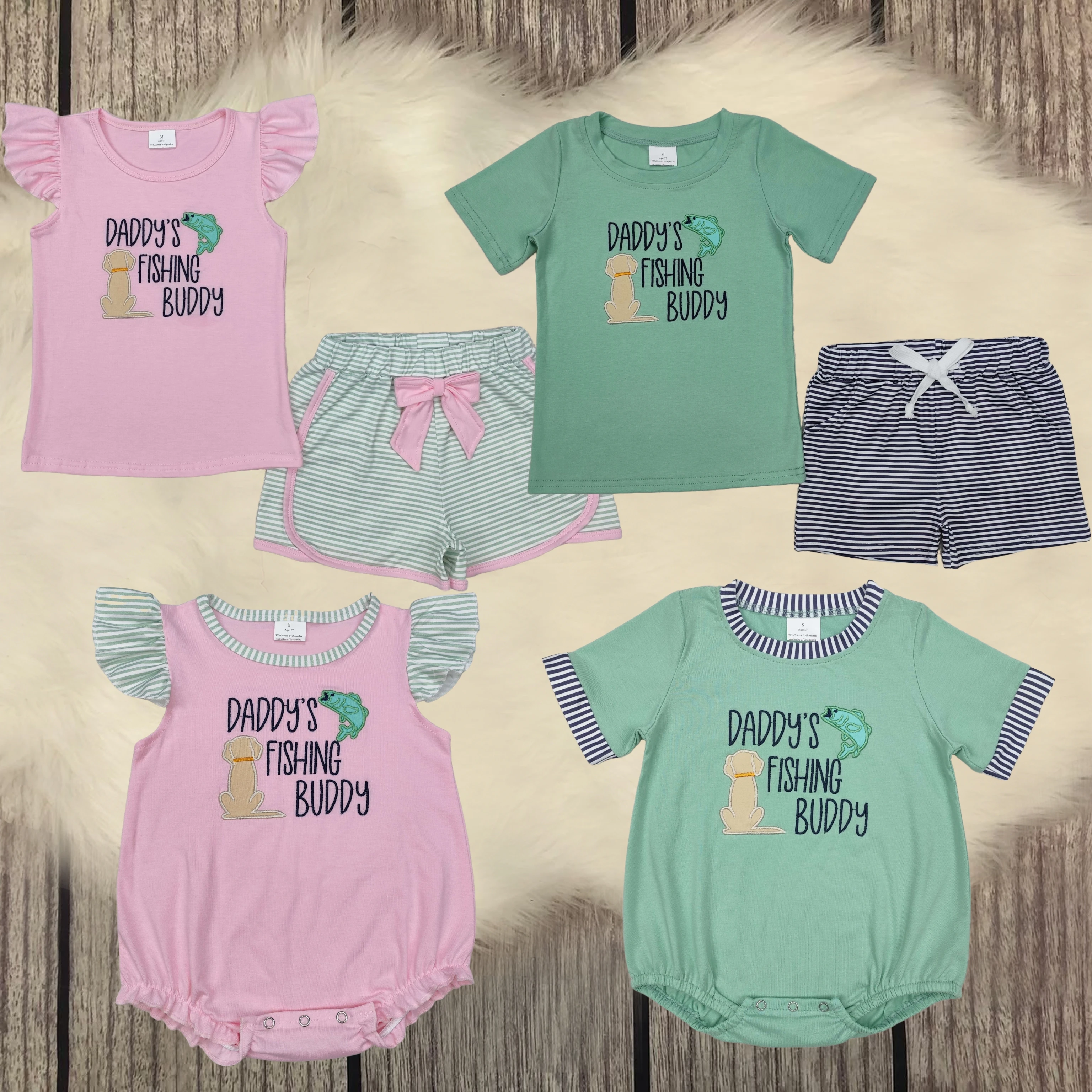 

Wholesale Sibling Boys Baby Girls Daddy's Fishing Buddy Tops Stripes Shorts Clothes Sets Toddler Kids Embroidery Bubble Romper