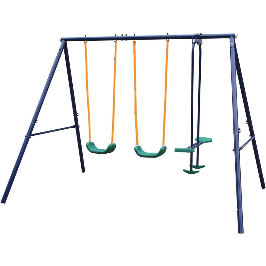 

Outdoor Garden Swing Set with Four Seats A-Frame Heavy-Duty Steel in Black with 1 Seesaw and 2 Swings Play Set for