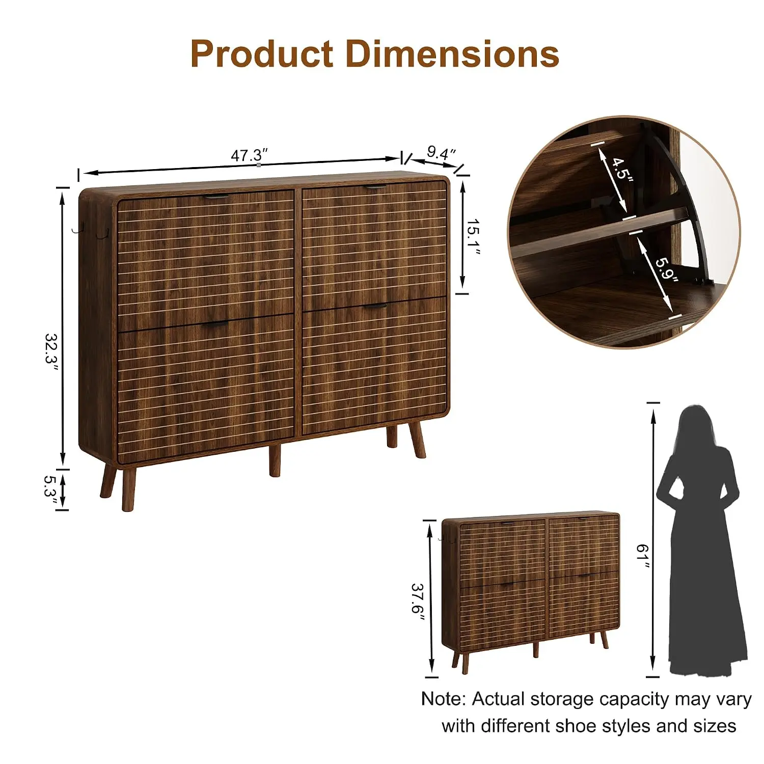 Fluted Shoe Cabinet 4 Flip Drawers Walnut, Customized