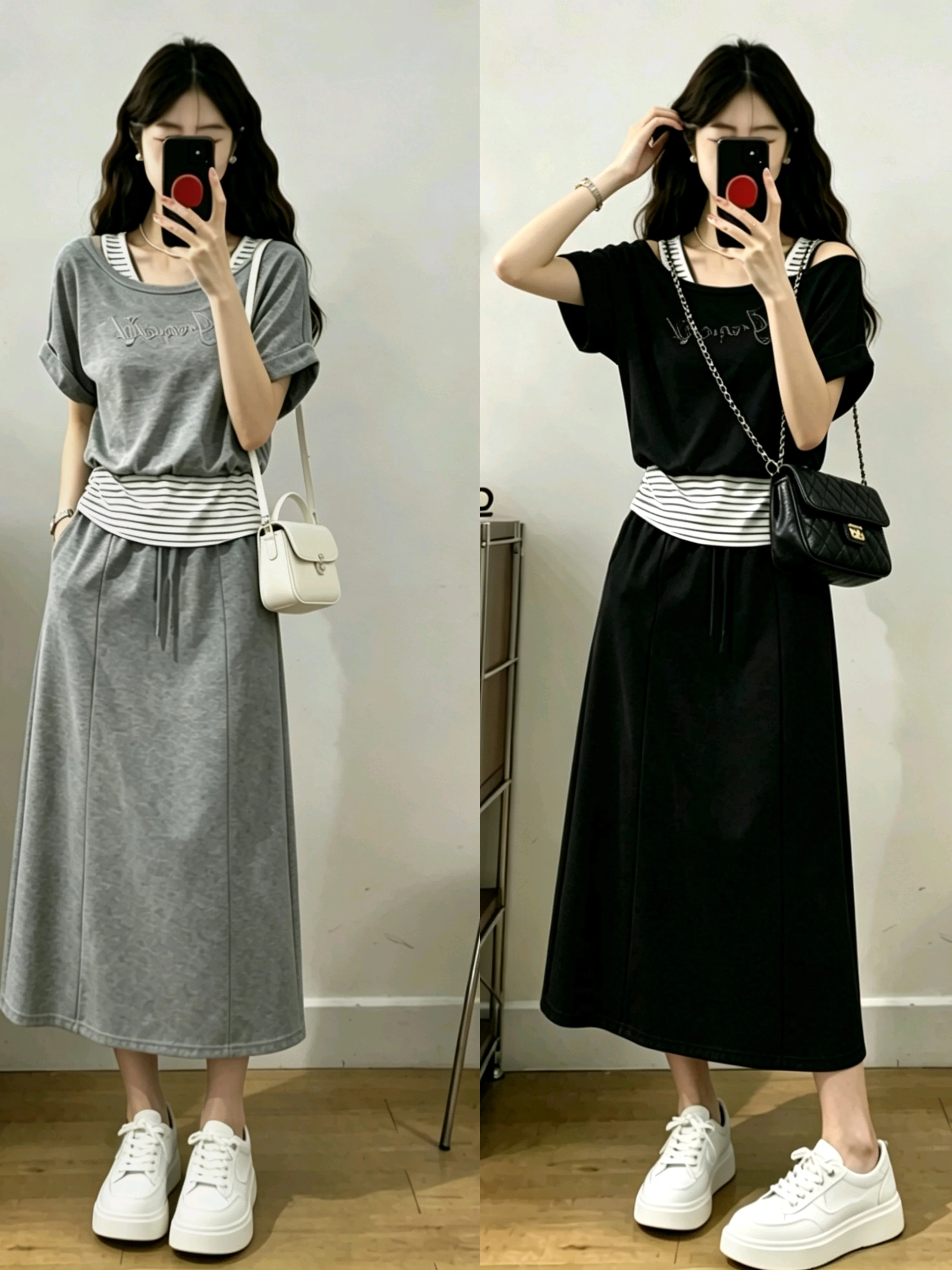 

Loose Casual Sportswear Set plus Size Grey Slimming Short Sleeve Half Skirt Striped High Waist T-Shirt And Pants Summer Fashion