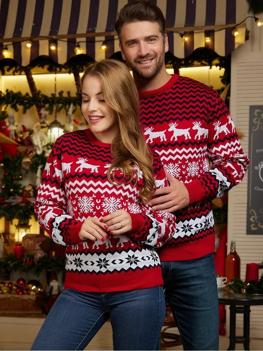 2026 Family Christmas Sweaters Elk Snowflake Print Mom Dad Kids Matching Pullovers Cute Soft Knitwear Full Sleeve O Neck Jumpers