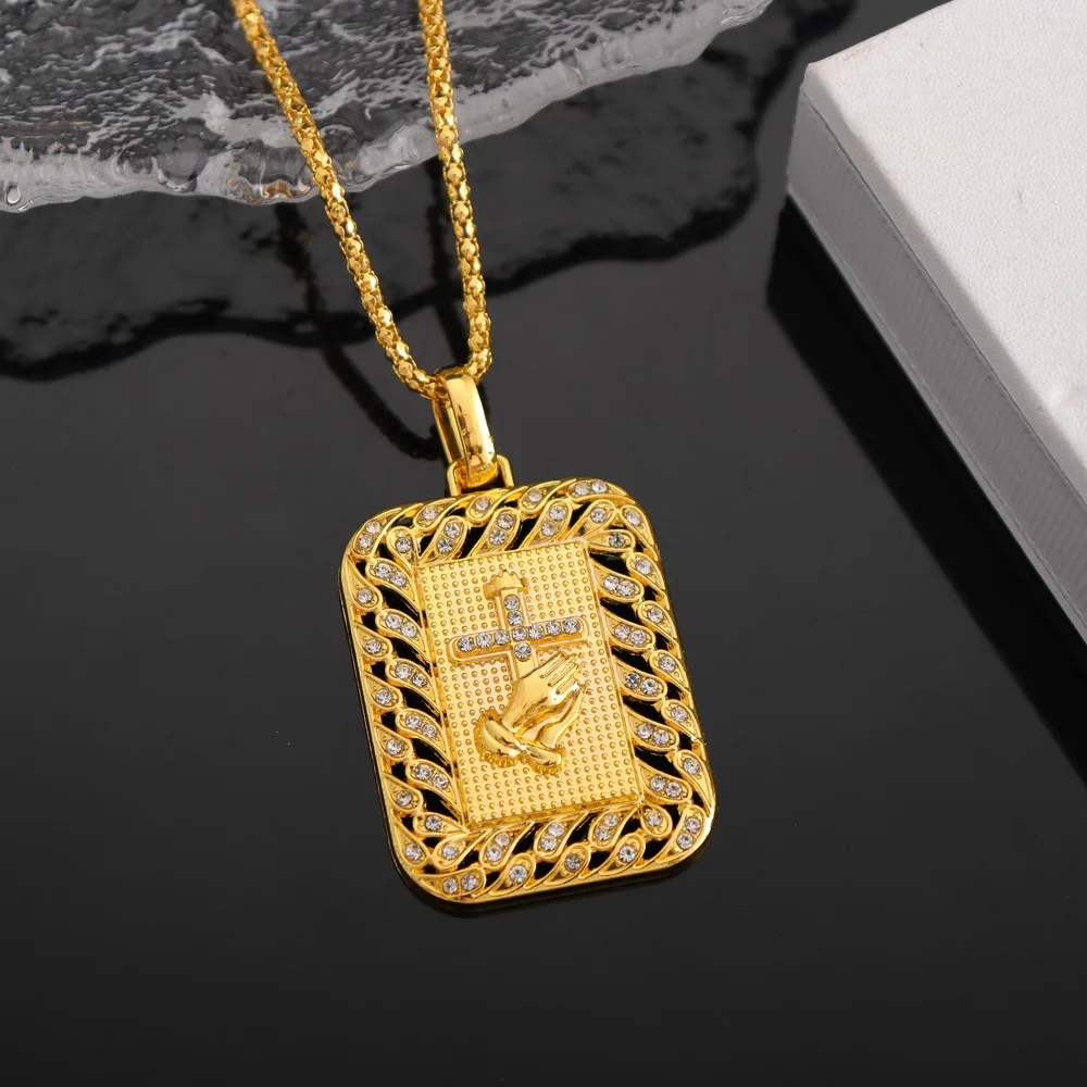 Men's Fashion Titanium Steel Color Preservation Gold Plated Buddha Hand Prayer Cross Pendant Necklace Religious Jewelry