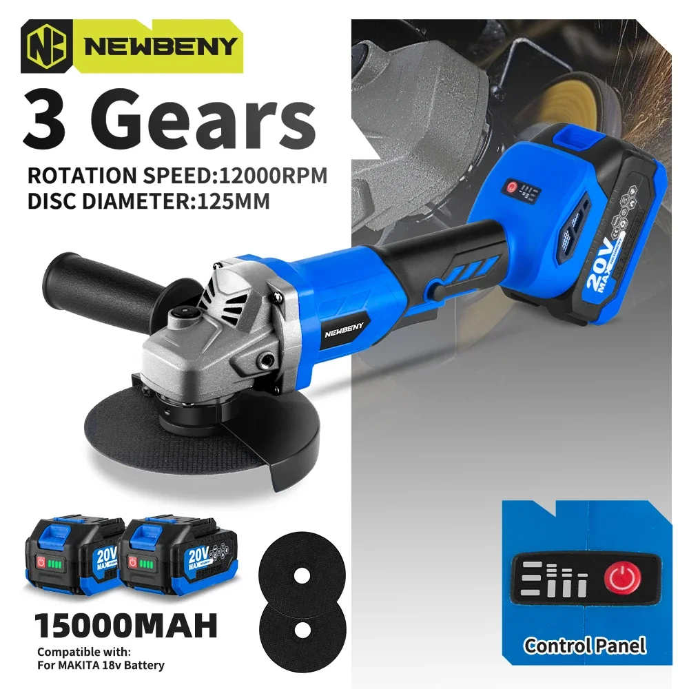 NewBeny 125mm Cordless Brushless Angle Grinder 3Gear DIY Woodworking Cutting Polishing Grinding Power Tool For Makita 18VBattery