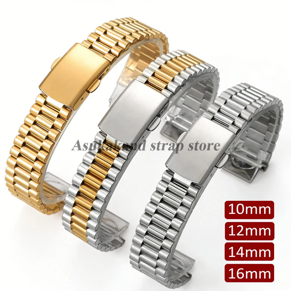10 mm, 12 mm, 14 mm, 16 mm massives Metall-Uhrenarmband mit flachem Ende, Edelstahl-Armband, Faltschließe, Uhrenarmband, universelles Sport-Armband