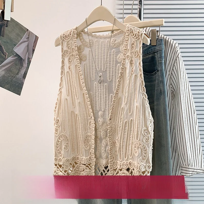 

Summer New Design Hollow out Hook Flower Versatile Cotton Embroidered High-End Feel Open Cardigan Vest Outerwear Top