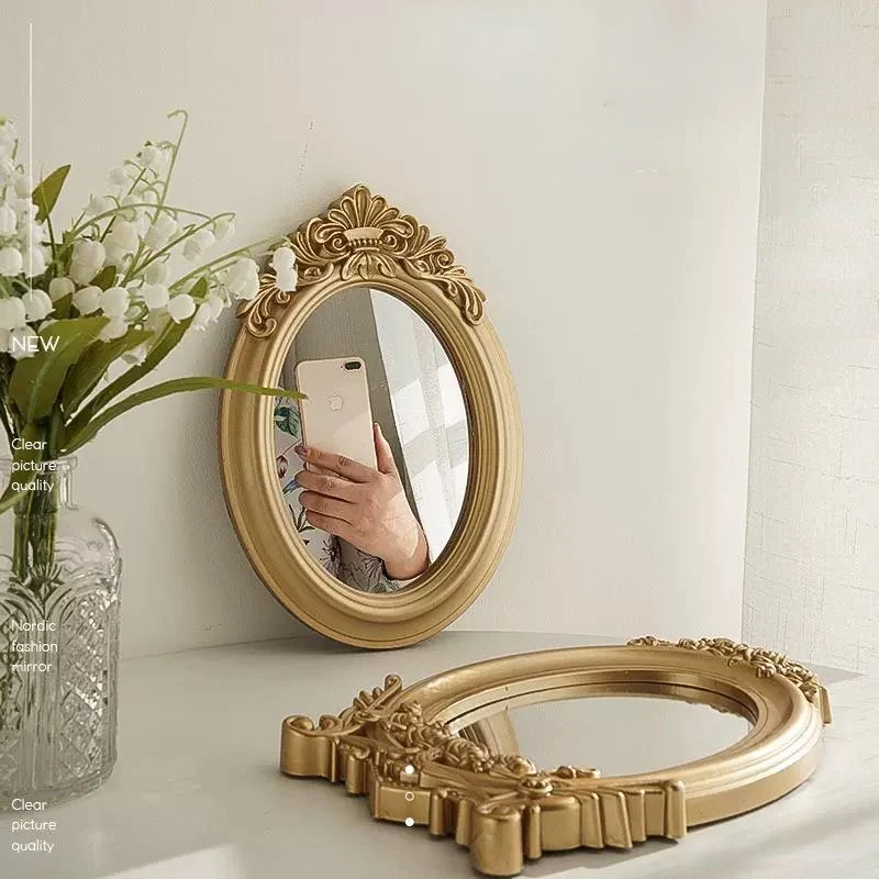 Rustic Carving Frame Gold Mirror Home decor Tray Home Decorative Mirror Bedroom Table Makeup Mirror