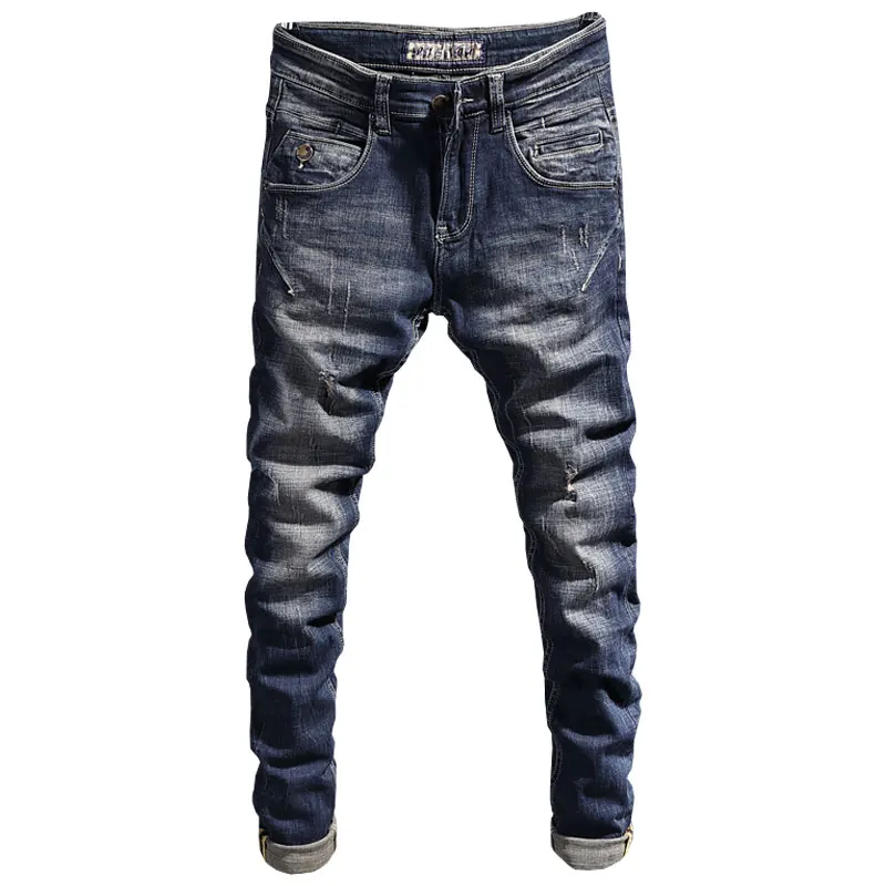 Fashion Vintage Men Jeans Retro Black Blue Stretch Slim Fit Ripped Jeans Men Trousers Spliced Designer Casual Denim Pants Hombre