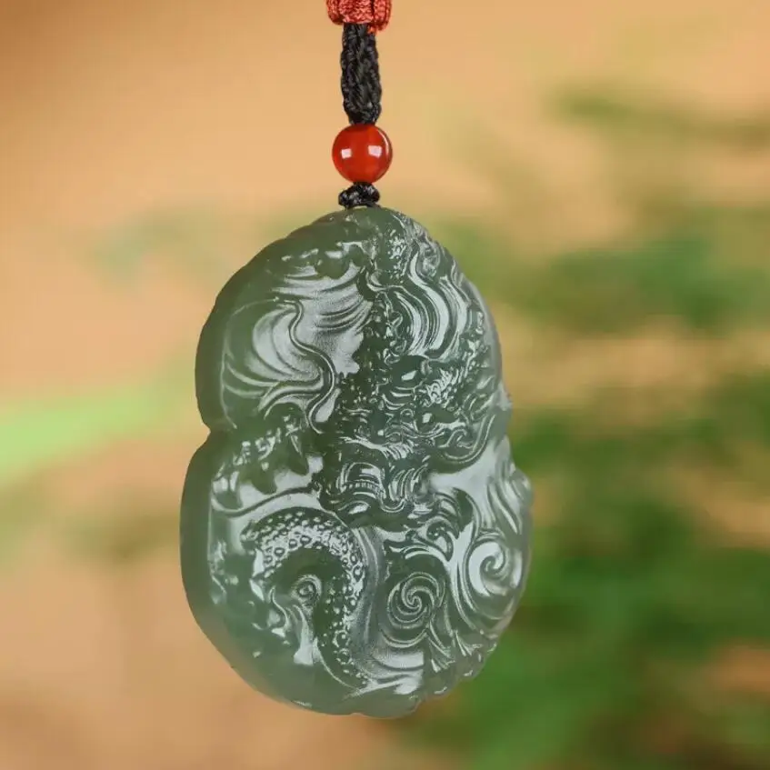 Chinese Natural Grade A Icy Green HeTian Jade jadeite Hand-Carved pendant Dragon