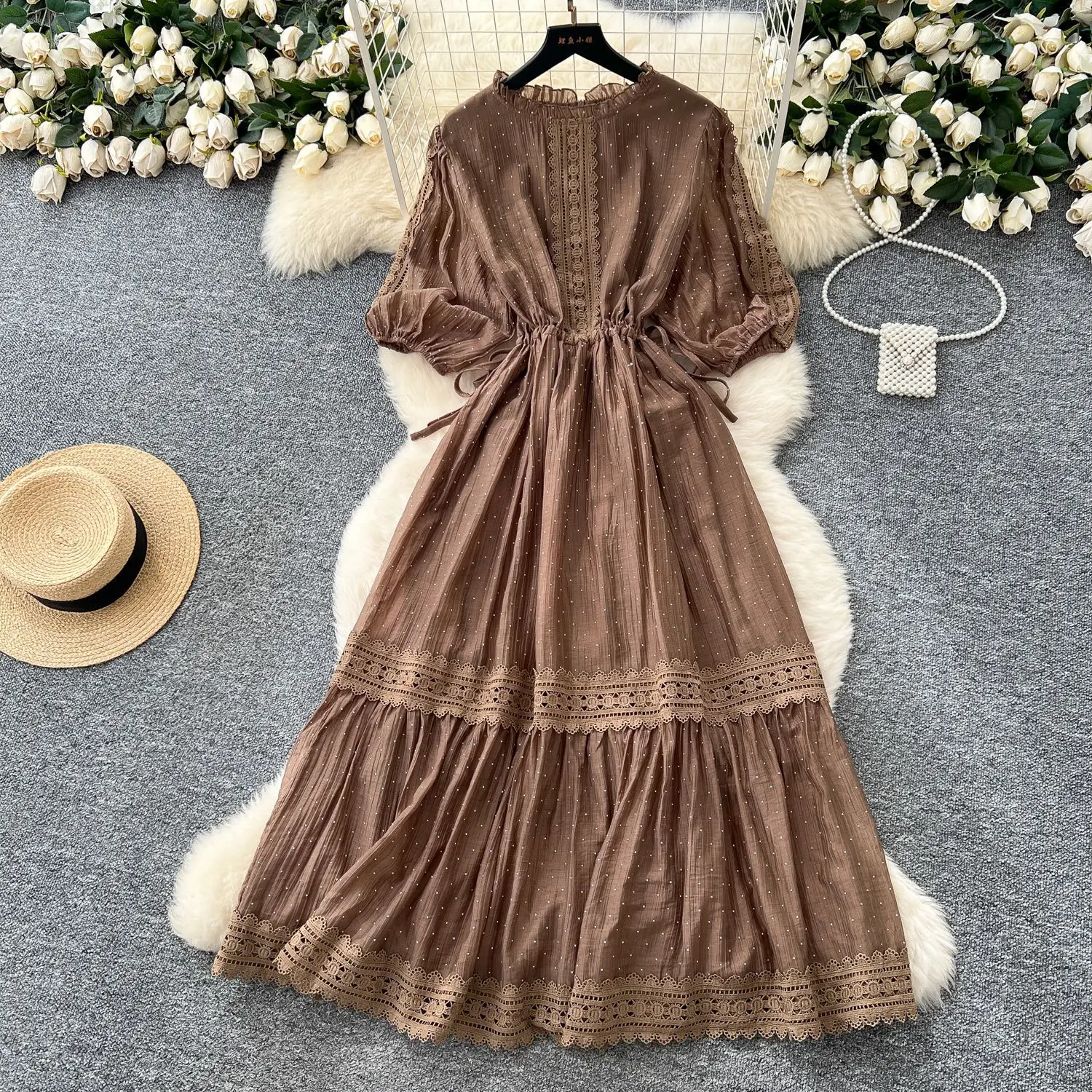 

Mid Length Dress Women Dresses A Line Vestidos Streetwear Round Neck Short Sleeve Elegant Splice Y2k Hot Drilling High Waist