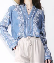 TEELYNN Vintage Floral Embroidery Shirts Blouses for Women Top Casual V-neck Long Sleeve Cotton Denim Shirt Boho Summer Blusas