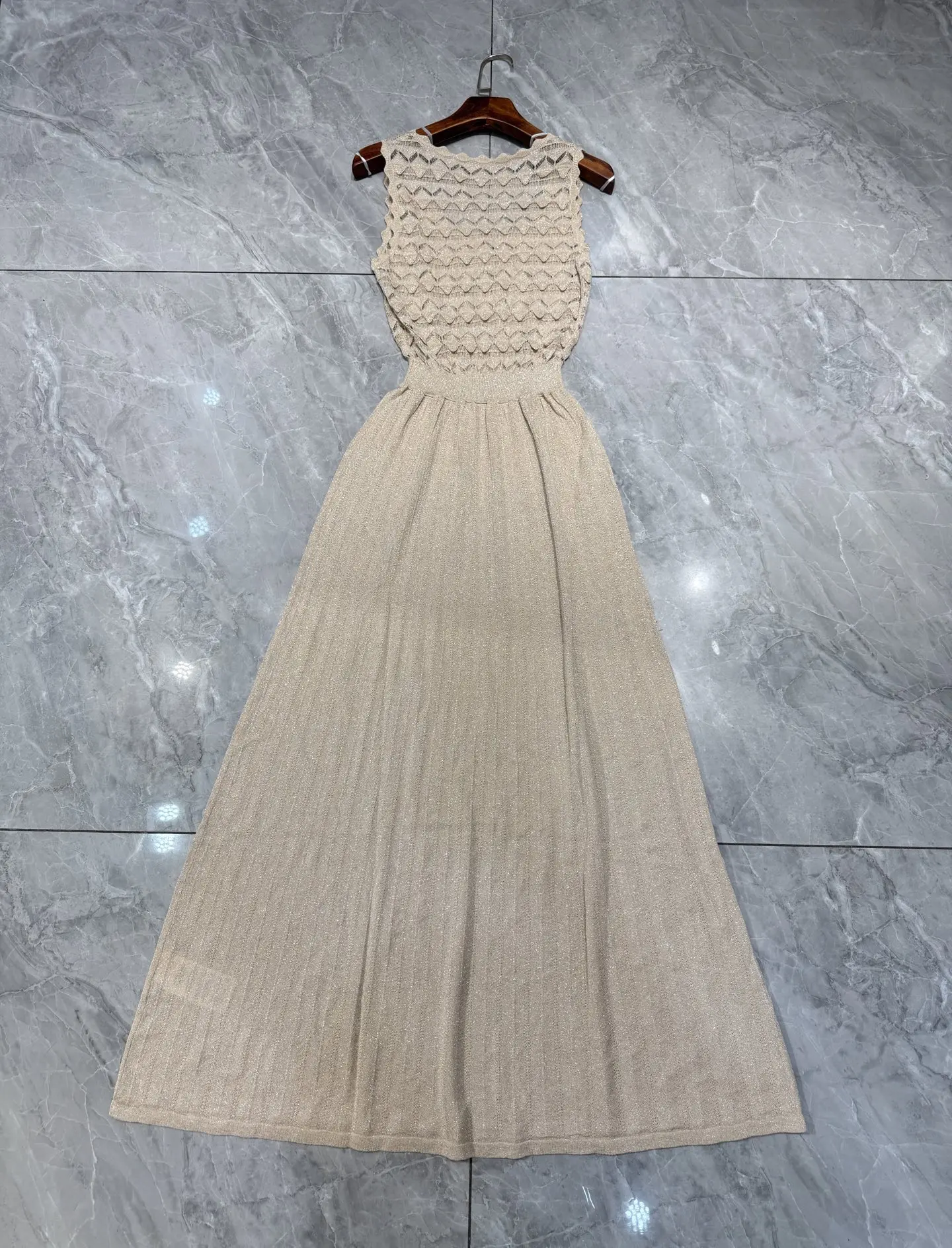 

Hollow Out Crochet Women's Maxi Dress Sequined Square Collar Sleeveless High Waist Elegant Slim Knitted Robe