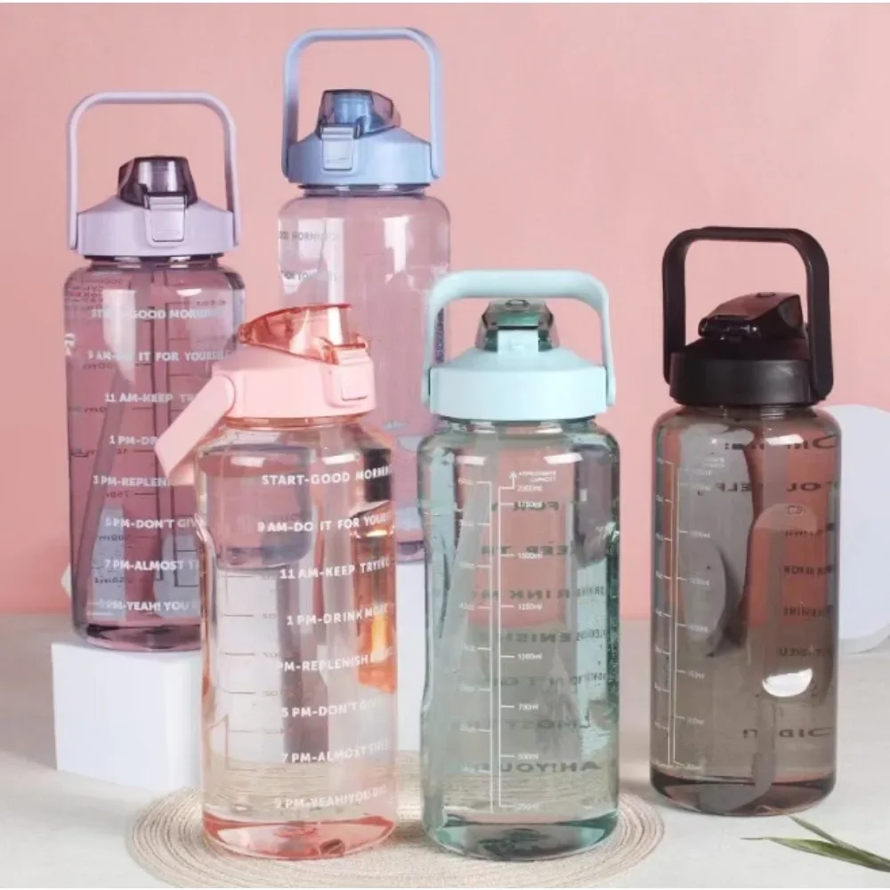 

2L Sports Water Bottle Large Capacity Plastic Water Cup Portable Drink Bottle with Time Marker for Outdoor Sports Fitness Kettle
