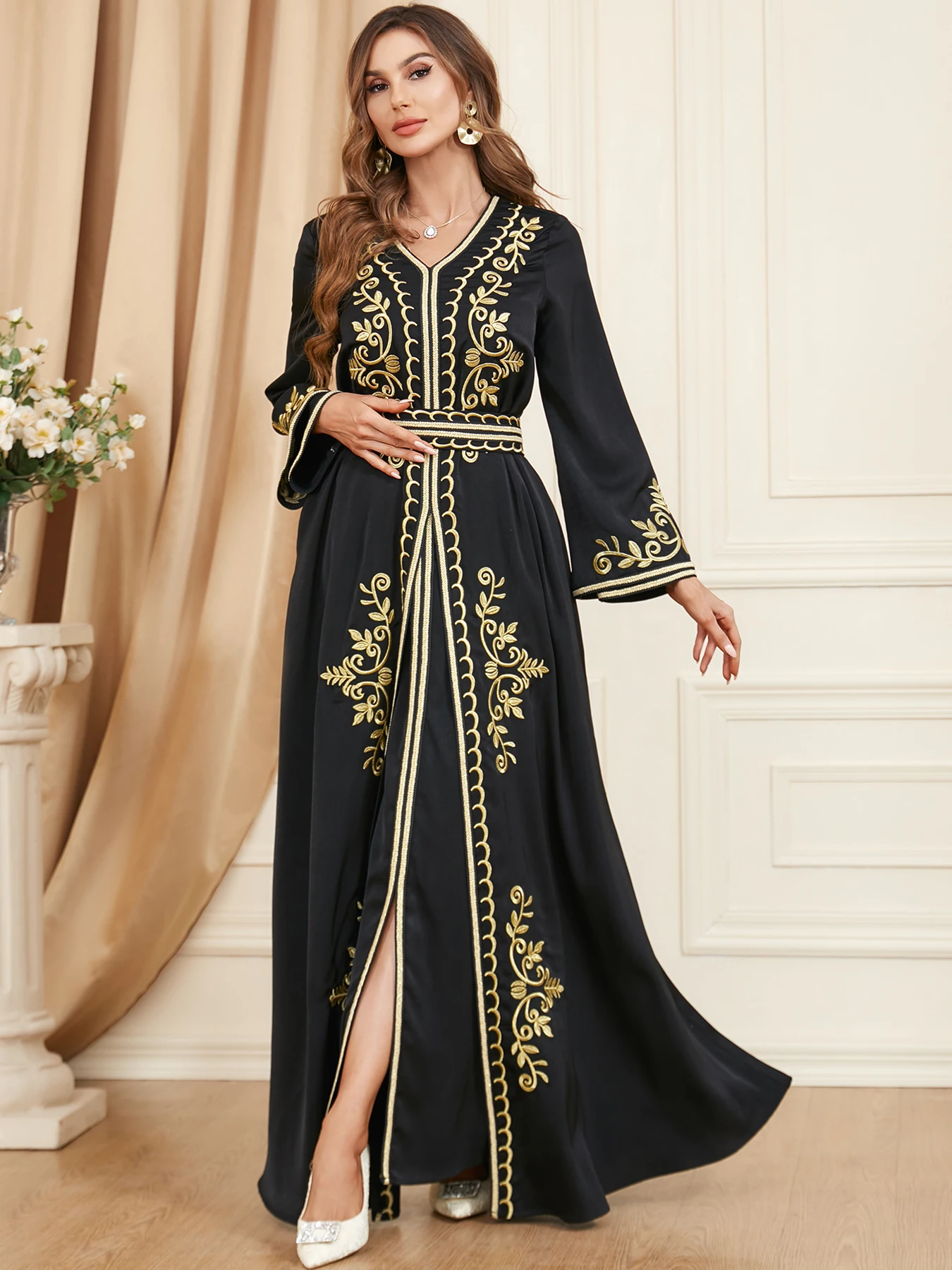 Autumn Muslim Abaya for Women Maxi Dress A-line Dresses Lace-up Morocco Kaftan Dubai Robe Party Dress 2 Piece Set Saudi Arab